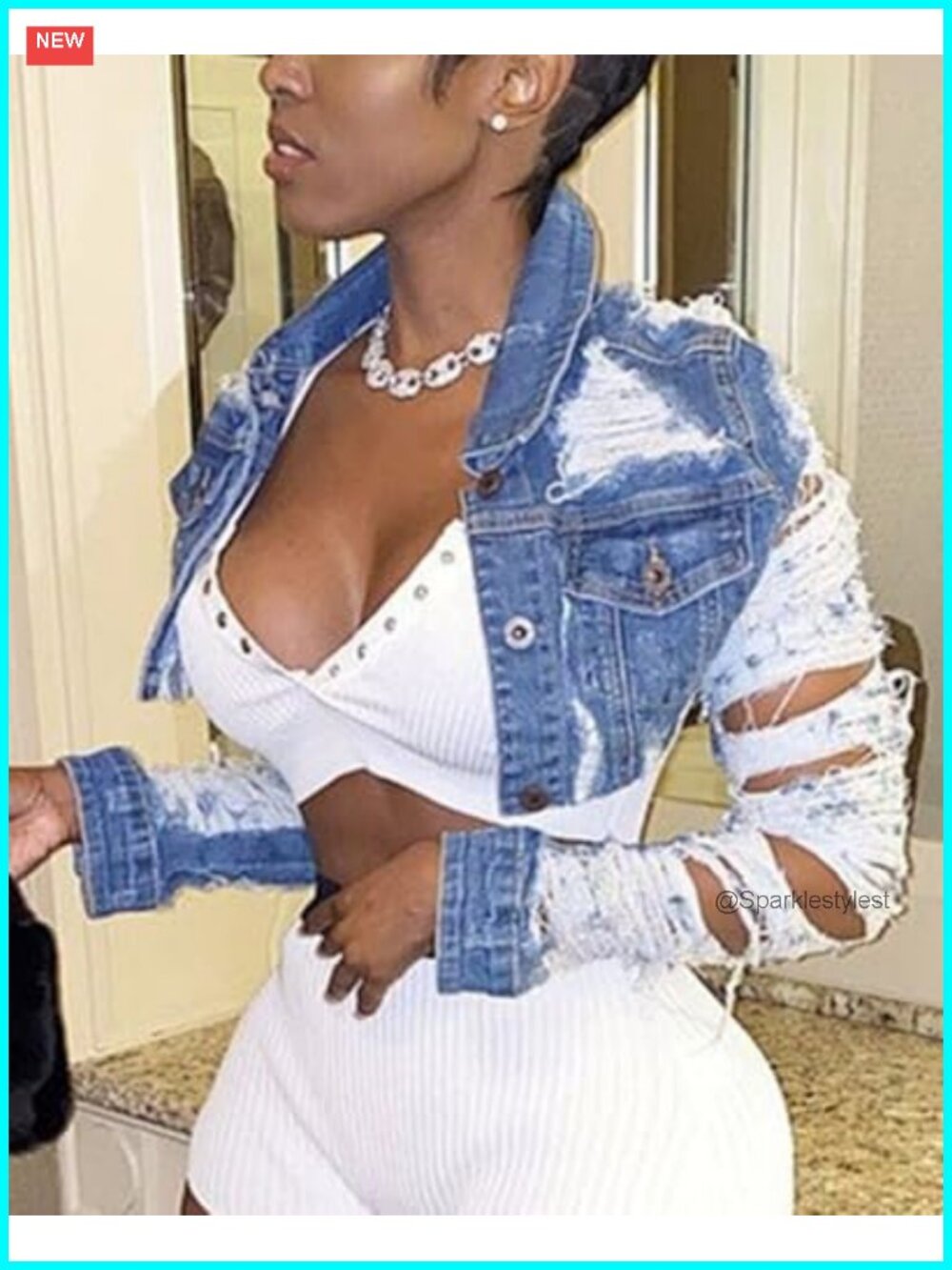 Cropped Denim Jean Jacket Ripped Long Sleeve Button Down - Picture 2 of 6